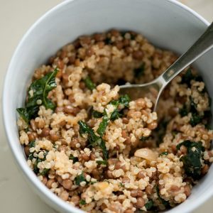 quinoa lentil bowl with sauteed kale