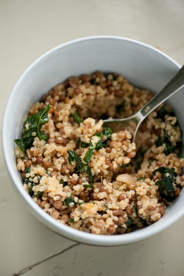 quinoa lentil bowl with sauteed kale