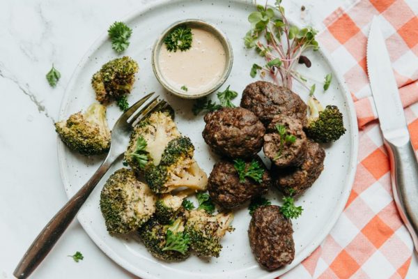 Beef Kofta with charred broccoli + pine nut vinaigrette