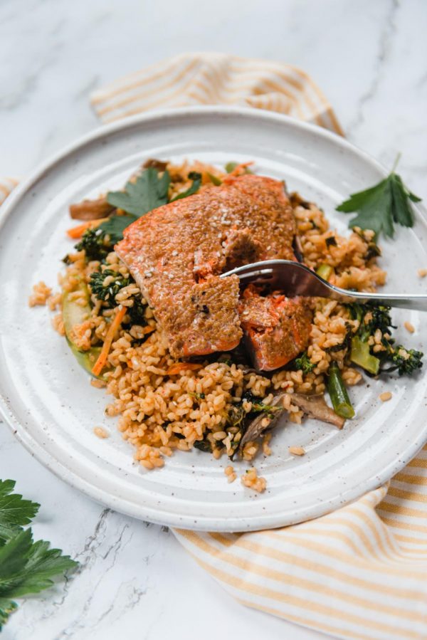 sesame crusted chicken, kimchi brown rice