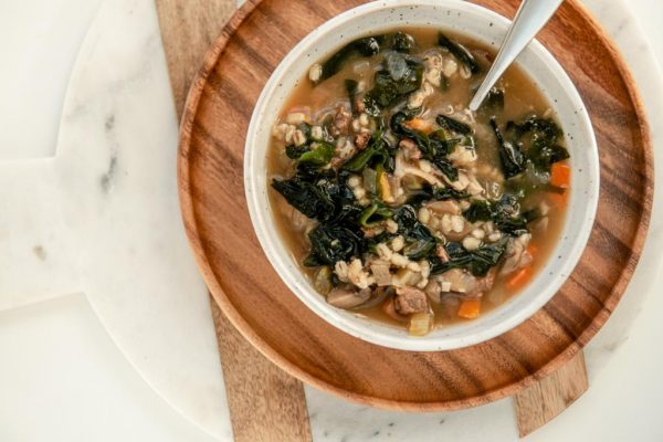 miso beef, barley + mushroom soup